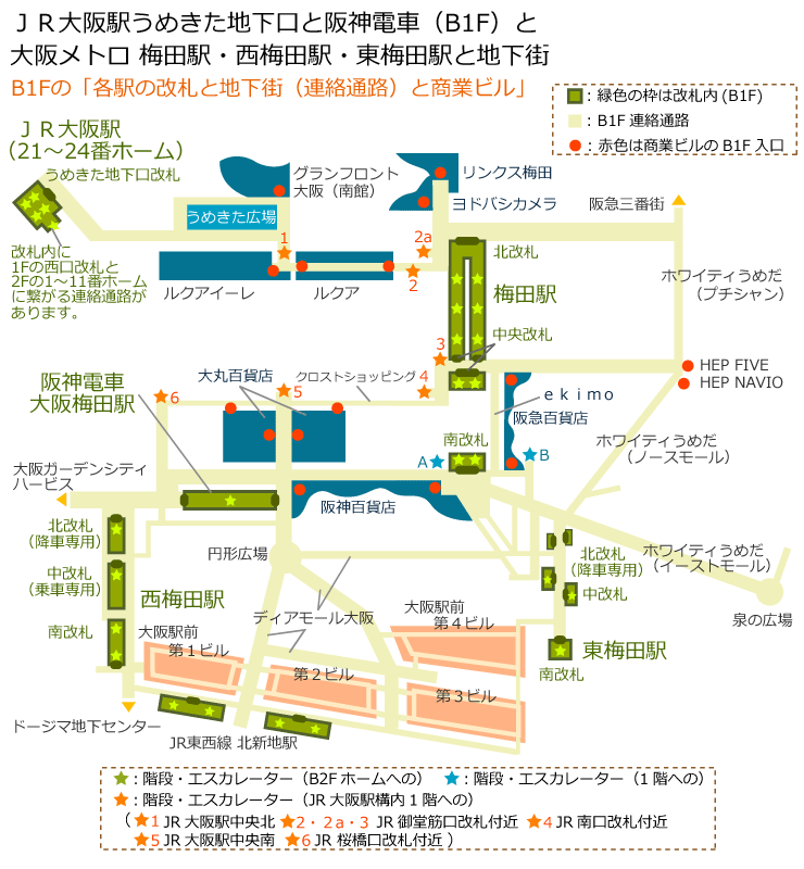 梅田地下街と各駅の改札と商業ビルが繋がる地下通路の簡略地図